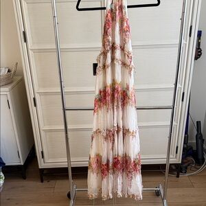 Zimmermann White Floral Halter Tiered Maxi Dress with Red & Green Accents
